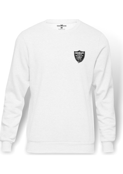 Metallica Heavy Metal Logo Göğüs Baskılı Beyaz Erkek Örme Sweatshirt Uzun kol