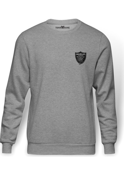 Metallica Heavy Metal Logo Göğüs Baskılı Gri Melanj Erkek Örme Sweatshirt Uzun kol