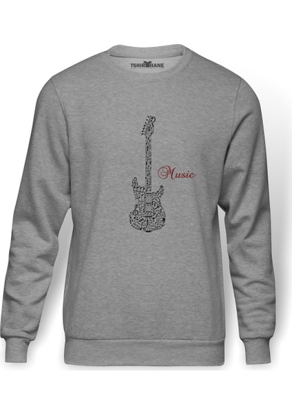 Notalar Gitar Music Müzik Baskılı Gri Melanj Erkek Örme Sweatshirt Uzun kol