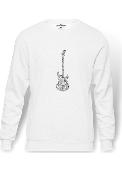 Notalar Gitar Music Baskılı Beyaz Erkek Örme Sweatshirt Uzun kol