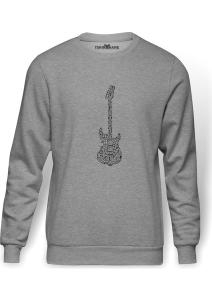 Notalar Gitar Music Baskılı Gri Melanj Erkek Örme Sweatshirt Uzun kol
