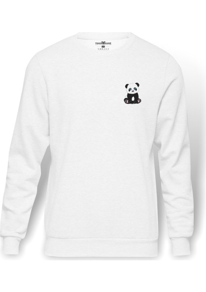 Panda Göğüs Baskılı Beyaz Erkek Örme Sweatshirt Uzun kol