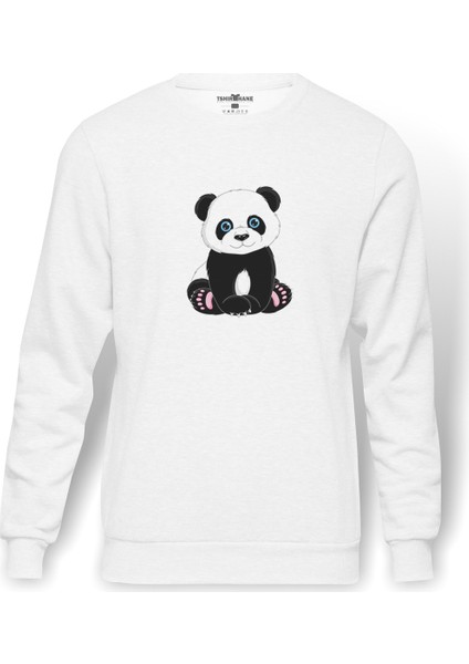 Panda Baskılı Beyaz Erkek Örme Sweatshirt Uzun kol