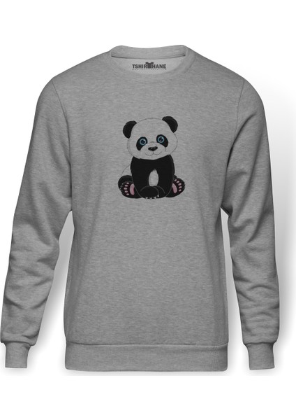 Panda Baskılı Gri Melanj Erkek Örme Sweatshirt Uzun kol