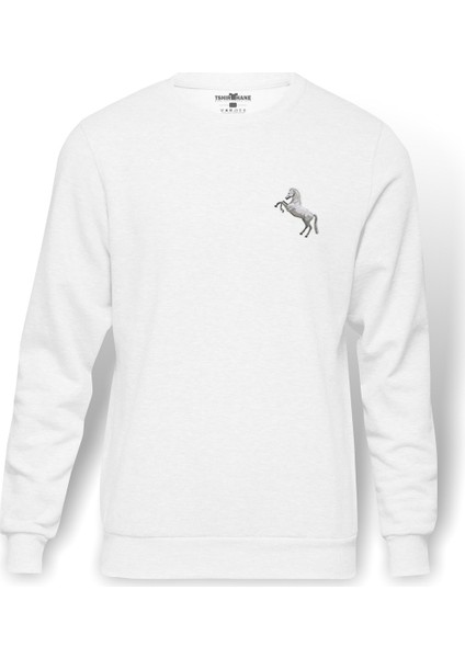 Beyaz Beyaz At Gümüş At Baskılı Beyaz Erkek Örme Sweatshirt Uzun kol