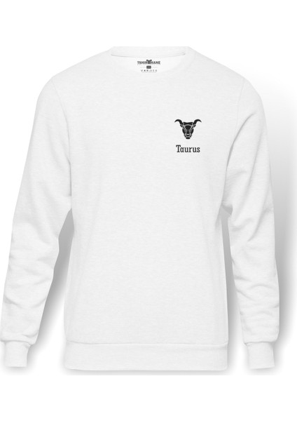 Boğa Burcu Baskılı Beyaz Erkek Örme Sweatshirt Uzun kol
