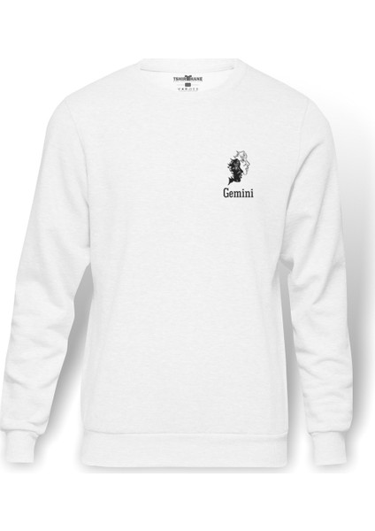 İkizler Burcu Baskılı Beyaz Erkek Örme Sweatshirt Uzun kol