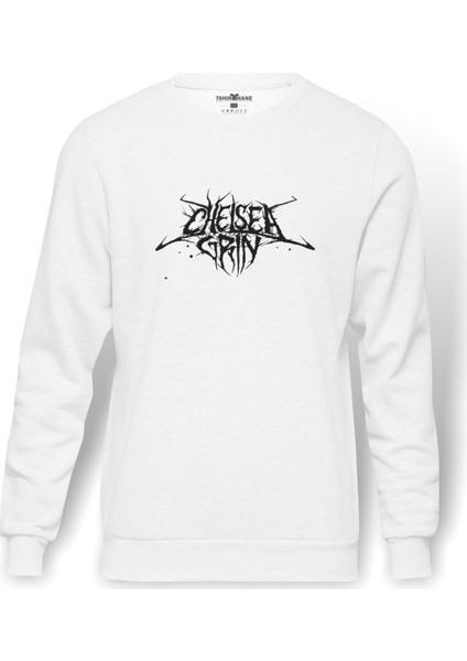 Chelsea Grin Logo Baskılı Beyaz Erkek Örme Sweatshirt Uzun kol