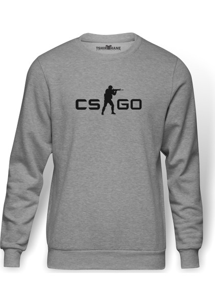 Cs Go Logo Baskılı Gri Melanj Erkek Örme Sweatshirt Uzun kol