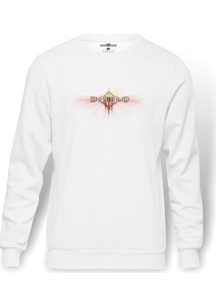 Diablo Baskılı Beyaz Erkek Örme Sweatshirt Uzun kol