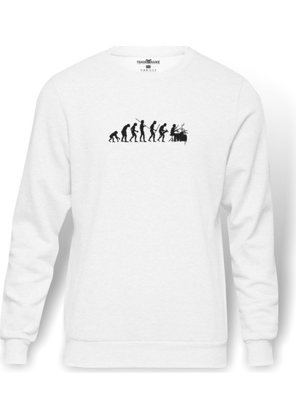 EvolutionThe Beat Of Evolution Baskılı Beyaz Erkek Örme Sweatshirt Uzun kol