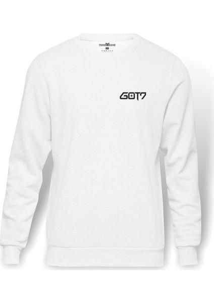 GOT 7 Logo Baskılı Beyaz Erkek Örme Sweatshirt Uzun kol