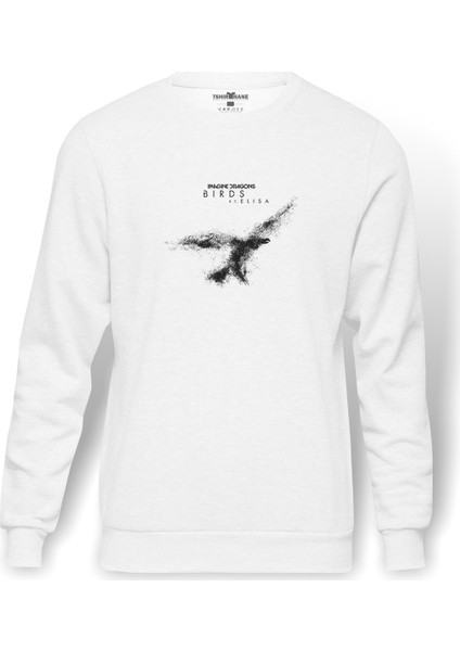 Dragons Birds Feat Baskılı Beyaz Erkek Örme Sweatshirt Uzun kol