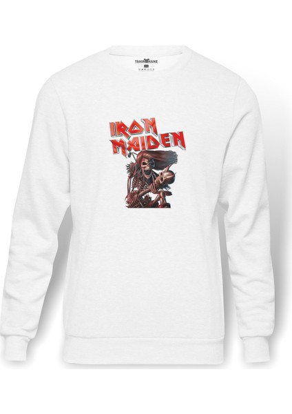 İron Maiden Ed Force One Canavar Yolda Baskılı Beyaz Erkek Örme Sweatshirt Uzun kol