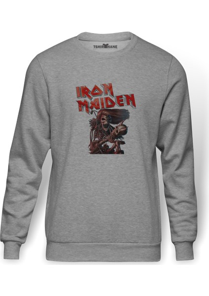 İron Maiden Ed Force One Canavar Yolda Baskılı Gri Melanj Erkek Örme Sweatshirt Uzun kol