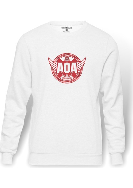 AOA Good Luck Baskılı Beyaz Erkek Örme Sweatshirt Uzun kol
