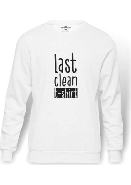 Last Clean Baskılı Beyaz Erkek Örme Sweatshirt Uzun kol