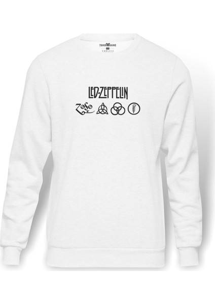 Led Zeppelin 4lü Logo Baskılı Beyaz Erkek Örme Sweatshirt Uzun kol