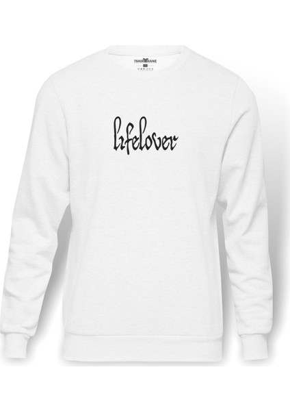 Lifelover Logo Baskılı Beyaz Erkek Örme Sweatshirt Uzun kol