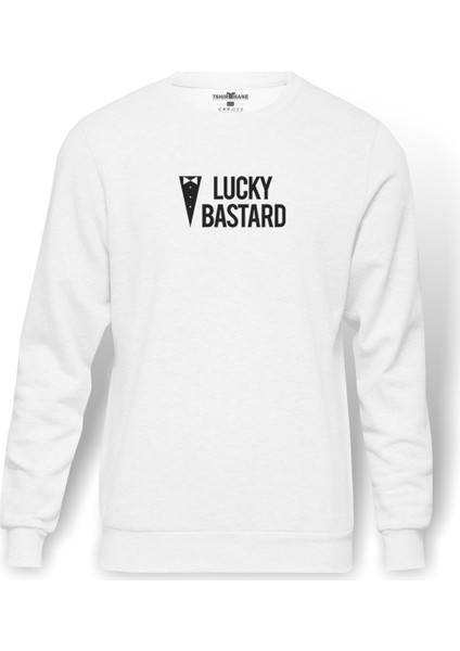 Lucky Bastard Lucky Bastard Baskılı Beyaz Erkek Örme Sweatshirt Uzun kol