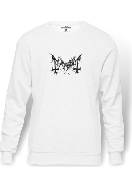 Mayhem Logo Baskılı Beyaz Erkek Örme Sweatshirt Uzun kol