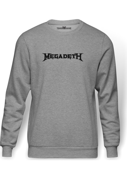 Megadeth Logo Baskılı Gri Melanj Erkek Örme Sweatshirt Uzun kol