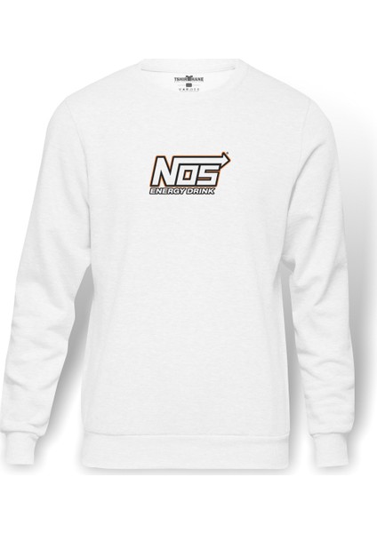 Nos Energy Drink Logo Baskılı Beyaz Erkek Örme Sweatshirt Uzun kol
