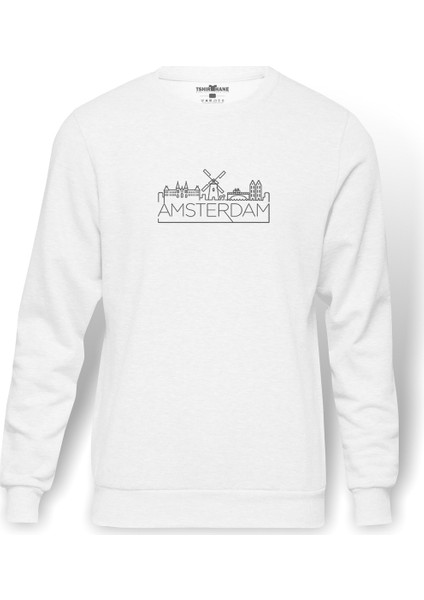 Amsterdam Baskılı Beyaz Erkek Örme Sweatshirt Uzun kol