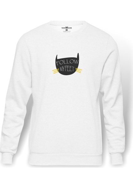 Kurukafa El Baskılı Beyaz Erkek Örme Sweatshirt Uzun kol