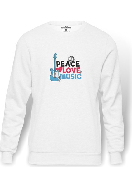 Peace Güvercin Baskılı Beyaz Erkek Örme Sweatshirt Uzun kol