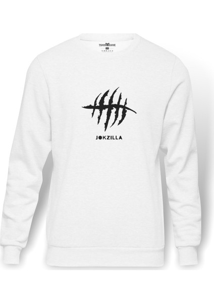 Jokzilla Logo Baskılı Beyaz Erkek Örme Sweatshirt Uzun kol