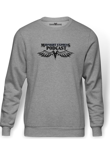 EXPRESS PODCAST Baskılı Gri Melanj Erkek Örme Sweatshirt Uzun kol