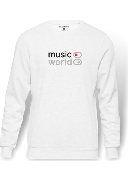 Music On World Off Baskılı Beyaz Erkek Örme Sweatshirt Uzun kol