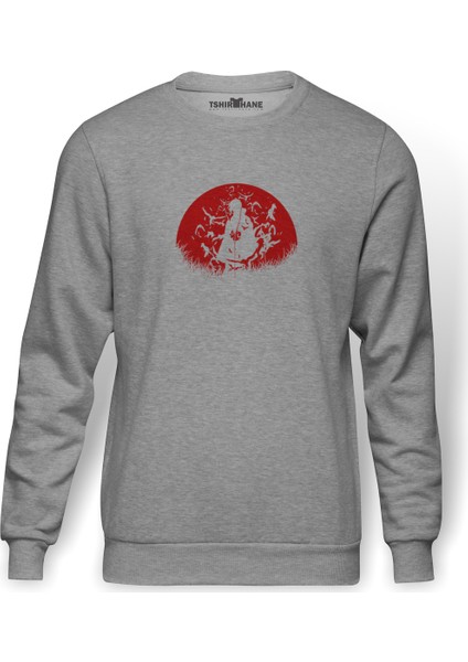 Uchiha Itachi Baskılı Gri Melanj Erkek Örme Sweatshirt Uzun kol