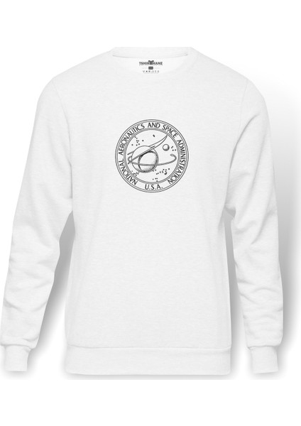 Rocket Logo Baskılı Beyaz Erkek Örme Sweatshirt Uzun kol