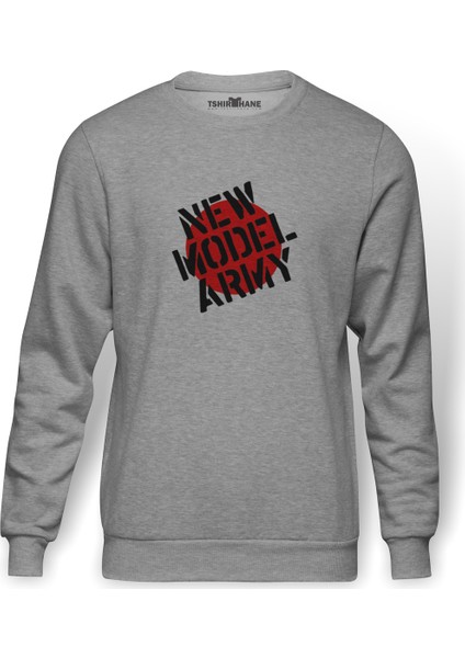 New Model Army Baskılı Gri Melanj Erkek Örme Sweatshirt Uzun kol