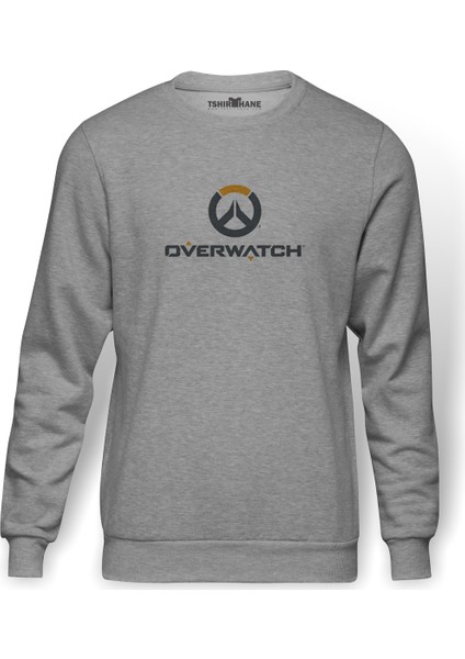 Icons Transparent Emblem Overwatch 2 Baskılı Gri Melanj Erkek Örme Sweatshirt Uzun kol