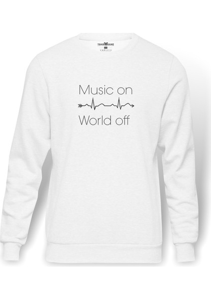 Music On World Off Baskılı Beyaz Erkek Örme Sweatshirt Uzun kol