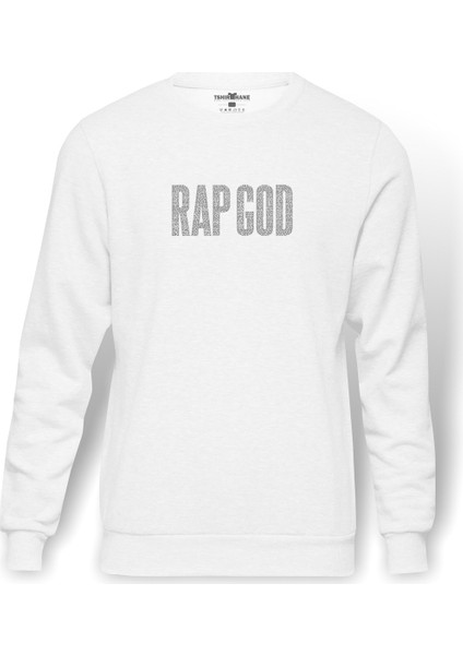 Rap God Baskılı Beyaz Erkek Örme Sweatshirt Uzun kol