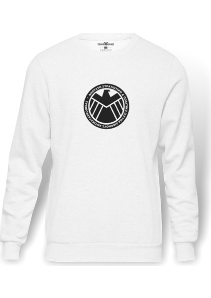 H I E L D Baskılı Beyaz Erkek Örme Sweatshirt Uzun kol
