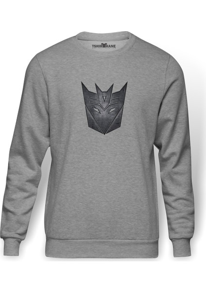 Transformers Baskılı Gri Melanj Erkek Örme Sweatshirt Uzun kol