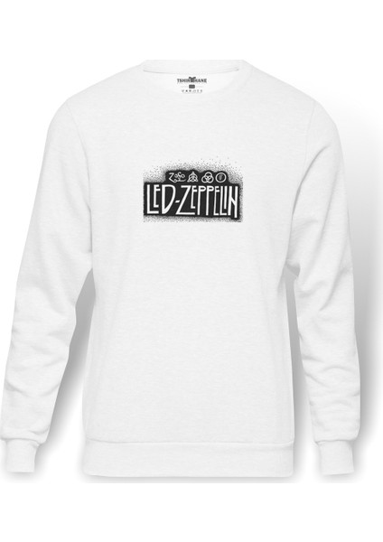 Led Zeppelin Baskılı Beyaz Erkek Örme Sweatshirt Uzun kol
