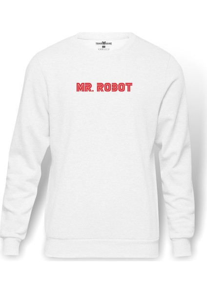 Mr Robot Baskılı Beyaz Erkek Örme Sweatshirt Uzun kol