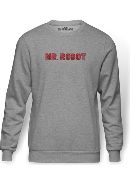 Mr Robot Baskılı Gri Melanj Erkek Örme Sweatshirt Uzun kol