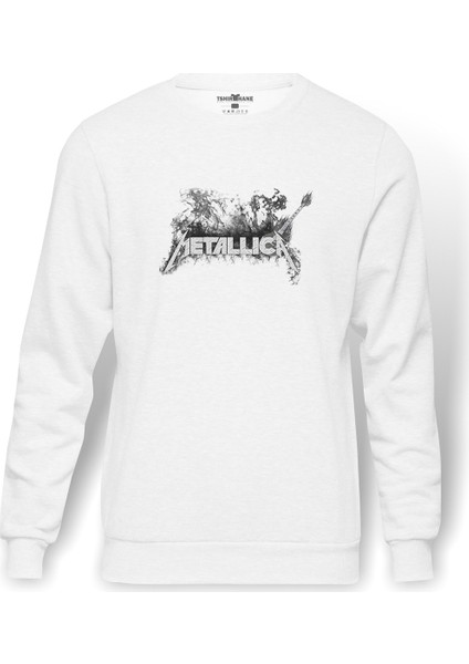 Metallica Baskılı Beyaz Erkek Örme Sweatshirt Uzun kol