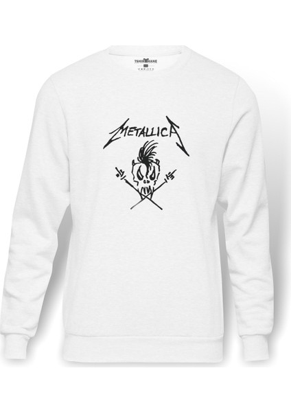 Metallica Baskılı Beyaz Erkek Örme Sweatshirt Uzun kol