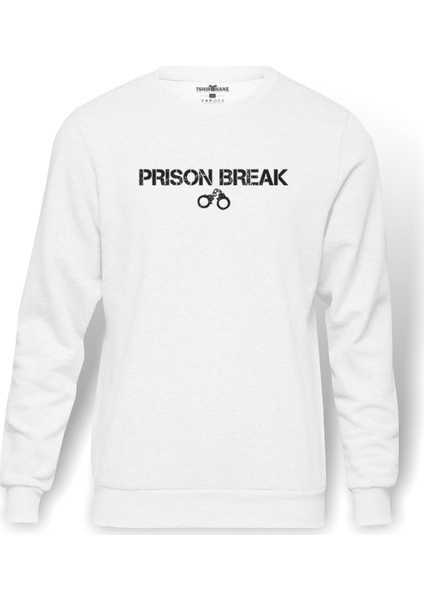 Prison Break Baskılı Beyaz Erkek Örme Sweatshirt Uzun kol