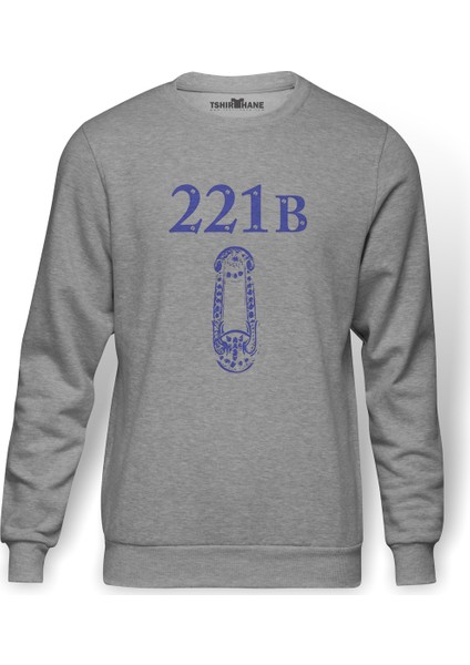 Sherlock Holmes Baskılı Gri Melanj Erkek Örme Sweatshirt Uzun kol