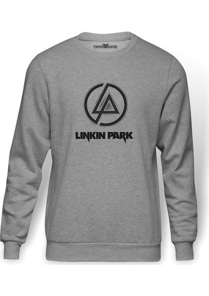 Linkin Park Baskılı Gri Melanj Erkek Örme Sweatshirt Uzun kol