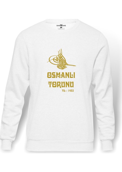 OSMANLI TORUNU TUGRA 1453 Baskılı Beyaz Erkek Örme Sweatshirt Uzun kol